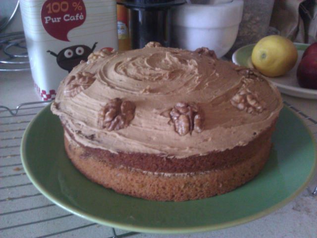 A beautiful coffee and walnut cake.