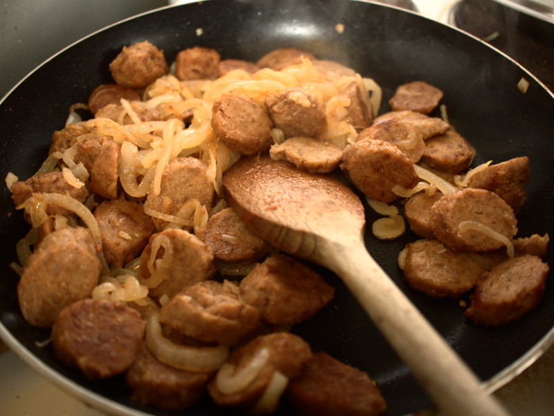 Vegan(!) sausages and plenty of onions. Happy days.