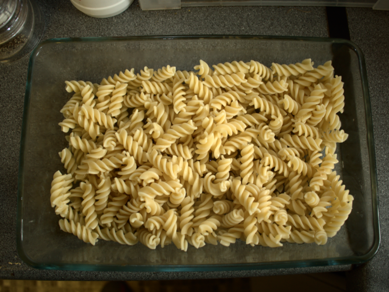 Strained soaked pasta. It's not cooked, but it's fully hydrated so it won't take long to finish.