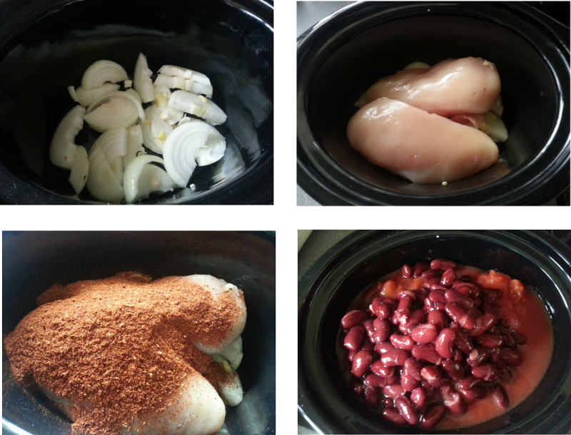 Onions, then chicken, then spice, then the tomato and the beans, then timer on. Then patience.
